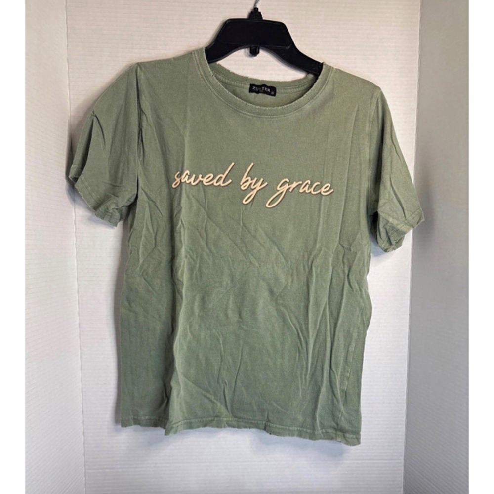 ZUTTER Women's Green Saved by Grace Graphic Religious Crew Neck T-Shirt M